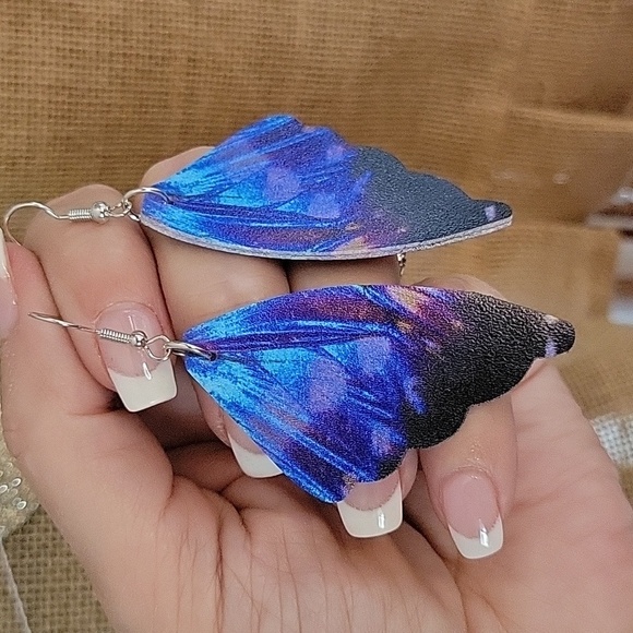 DEEP BLUE BUTTERFLY WING EARRINGS - Picture 3 of 6